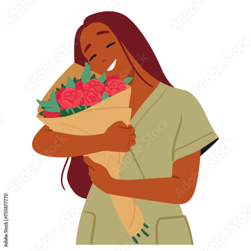 Young Woman Radiant With Joy Tenderly Cradles A Vibrant Bouquet Of Flowers, Their Colors Lively Burst Against Her Smile