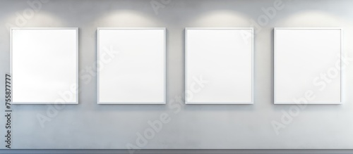 Four blank rectangular canvases are displayed on a white wall fixture. The event space features a minimalist design with tints and shades of white  creating an art gallery ambiance
