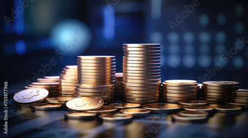 Financial growth with stacks of coins in the foreground and a blurred graph indicating stock market trends in the background.
