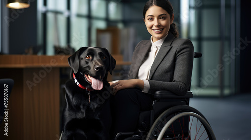 Happy woman in a wheelchair with a joyful service dog by her side in company office.