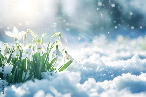 Spring snowdrops in the snow in meadow. Banner with first white flowers under snowfall with copy space. The Day of Snowdrop concept. Close up floral background of fresh nature for greeting card.
