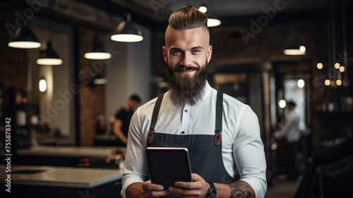 Cheerful tattooed male barber with a beard and a fashionable hairstyle holding tablet against barbershop in the background