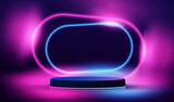 Realistic podium with glowing neon lamps and light lines in futuristic design. Display room with scene for showing products. Empty show studio room with 3d stage vector background. 
