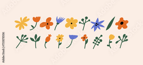 Vector illustration cartoon colorful flowers branches. Groovy stickers for print or social media