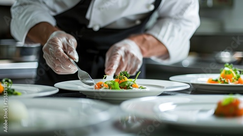 A professional chef carefully garnishes a gourmet dish with delicate precision, perfecting the presentation in a high-end restaurant. photo