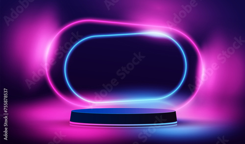 Realistic podium with glowing neon lamps and light lines in futuristic design. Display room with scene for showing products. Empty show studio room with 3d stage vector background.   © SidorArt