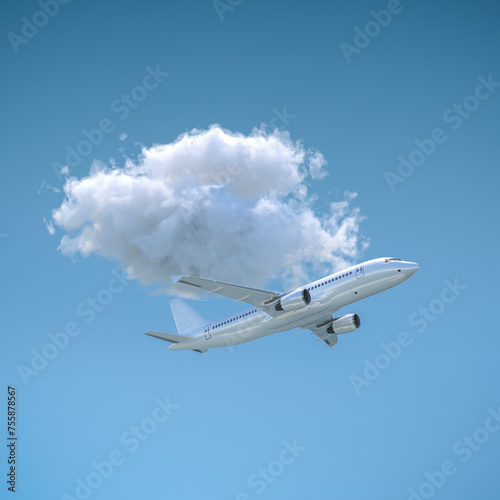 A passenger airplane in the sky in front of a cloud - vacation concept. 3d render