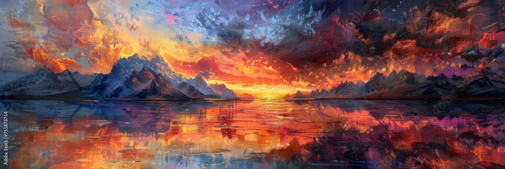 Abstract expressionist sunset mountain landscape - Stunning and vibrant sunset with an abstract expressionist twist over a mountain range and reflected in the water below
