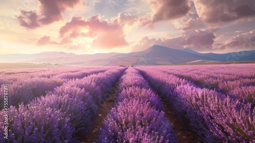 Breathtaking Lavender Field at Sunset - Stunning image of a lavender field with the last rays of sun casting beautiful colors over the blossoming plants and distant mountains