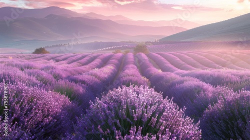 Purple Lavender Fields with Mountain Backdrop - Rich purple lavender fields rolling into the distance  complemented by majestic mountains and a dynamic sky at dawn