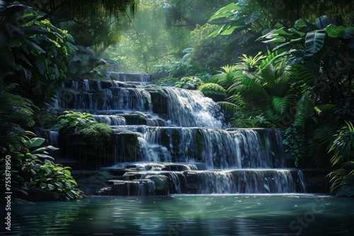Serene Waterfall in Lush Green Forest - A tranquil scene with a multi-tiered waterfall cascading down in a lush  green  tropical forest