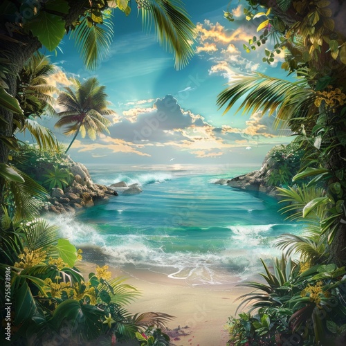 Tropical beach paradise at sunset - A digital illustration of a secluded tropical beach with vibrant foliage  surrounded by cliffs and bathing in sunset light