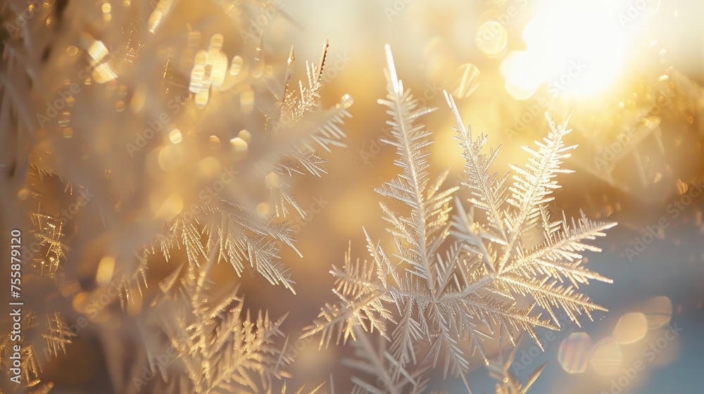 Frost crystals form delicate patterns against the backdrop of a soft winter sunrise.