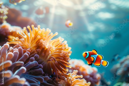 Clown fish swimming on anemone underwater reef background. ai generative