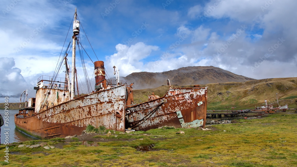 Old, rusted whaling ships at the old whaling station at Grytviken, South Georgia Island