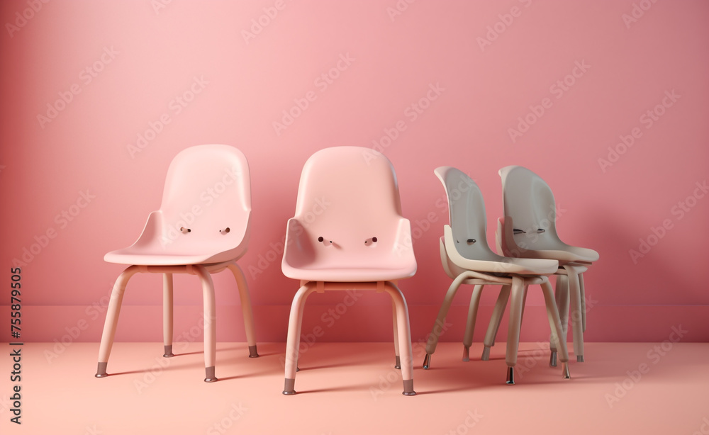 Fototapeta premium pink pastel classroom chairs are sitting up next to each other сreated with Generative Ai
