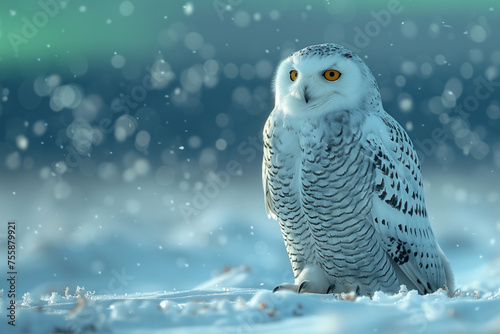 Snowy owl (Bubo scandiacus) sitting on a background of aurora photo