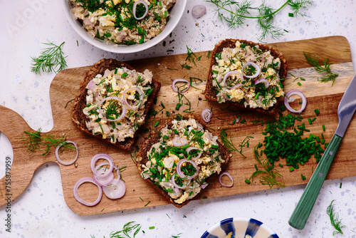 Forshmak from herring on slices of rye bread.top veiw photo