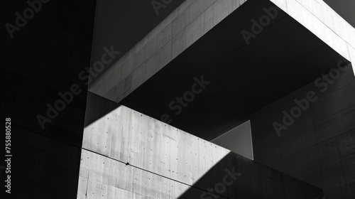 The stark lines of modern architecture captured in a dramatic black and white photograph.