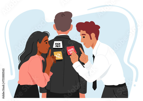 April Fools Day, Colleagues Characters Stealthily Covered A Man Back With Sticky Notes, Cartoon Vector Illustration