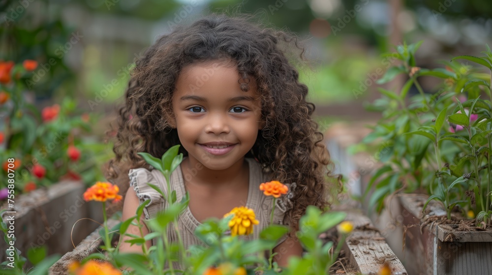 Happy toddler surrounded by flowers in garden, smiling Happy toddler surrounded by flowers in garden, smiling
