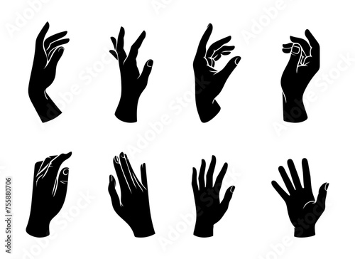 Vector set of silhouettes of human hands depicting various gestures, black on a white background.