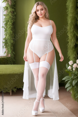 Young beautiful fat curvy woman standing street.Long curly hair.Sexy white transparent lingerie.Digital creative designer fashion glamour art.