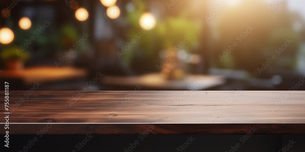 Empty dark wooden tabletop or bar with bokeh blurry cafe in the background