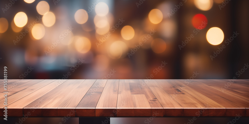 Empty dark wooden tabletop or kitchen island with bokeh kitchen or bar background  - obrazy, fototapety, plakaty 