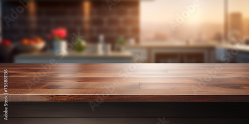 Modern empty dark wodden table top or kitchen island