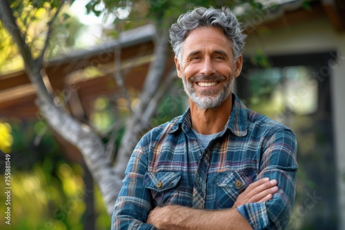 Portrait of an Attractive, Happy Middle Aged Man with a Photogenic Smile and Arms Crossed Outdoors photo
