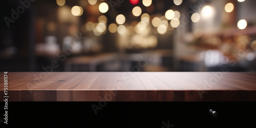 Modern empty dark wooden table top or bar with bokeh blurry lights in the background