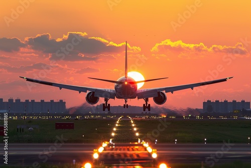 Large Jetliner Flying Over Runway at Sunset