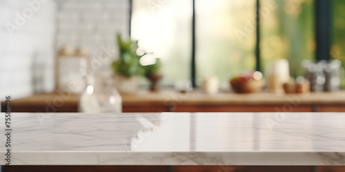 Modern designed empty white marble table top or kitchen island closeup