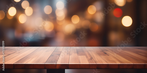 Empty dark wooden tabletop or kitchen island with bokeh kitchen or bar background 