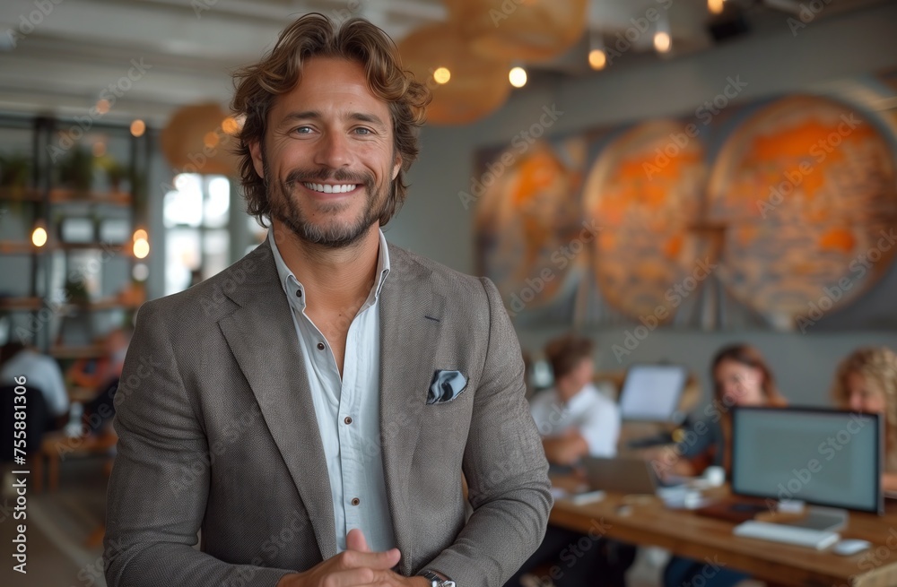 Fototapeta premium A man in formal wear smiles at a group at a restaurant event