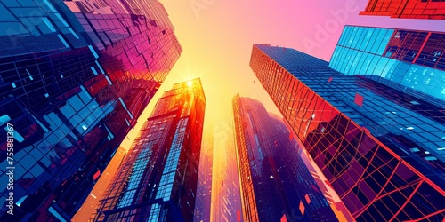 Modern skyscrapers of a smart city, futuristic financial district, graphic perspective of buildings and reflections - Architectural sunset hitting the buildings photo