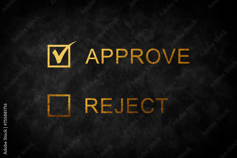 Obraz premium Set of round gold buttons with a check mark and a cross symbolizing a positive and negative assessment isolated on a black background. Approve and reject opinions.