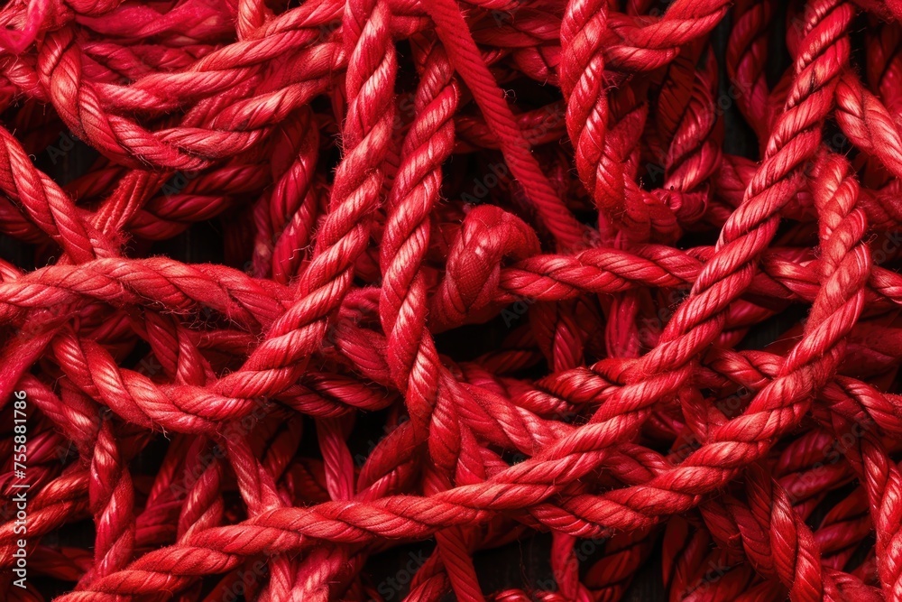 Red Tangled Knot. Close-Up Image of a Twisted Cord Knot in a Tangle of Strings - Metaphor for Business Bureaucracy and Anxiety