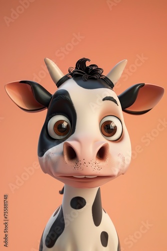 Cartoon Cow in Grassy Field