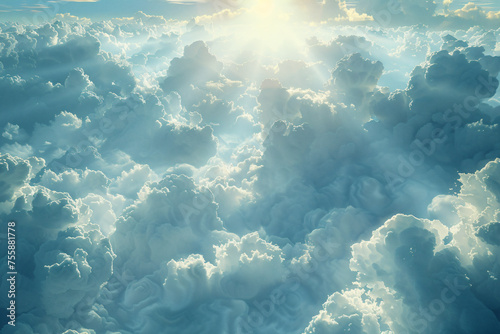 Fantastic background with clouds and sunlight on blue sky. Divine sky. Heaven, god light