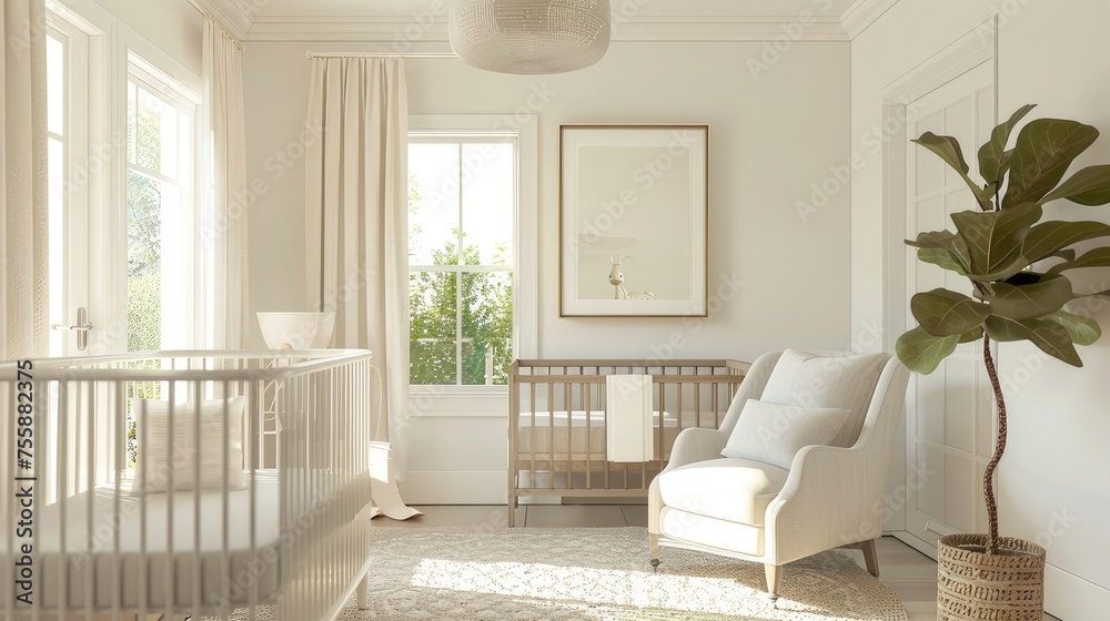 Fototapeta premium Elegant Nursery View: Showcase sophistication with a wide-angle view of a white nursery.