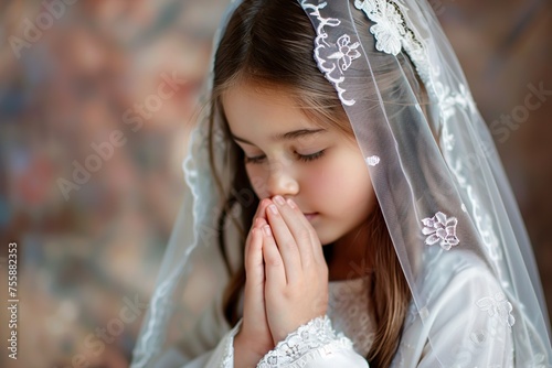 Young Girl Praying in White Veil