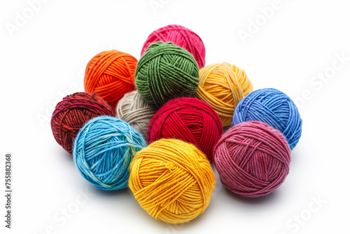 Balls of yarn of different colors on a white background. Generative AI.