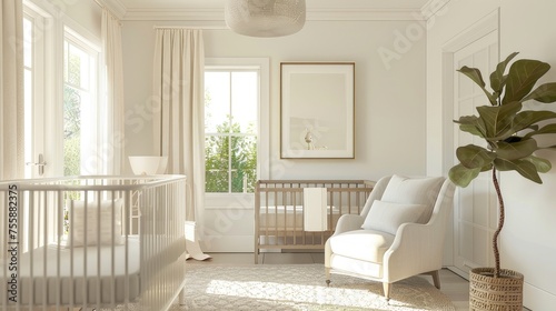 Elegant Nursery View  Showcase sophistication with a wide-angle view of a white nursery.