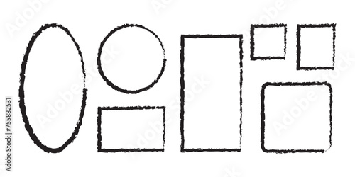 Chalk rectangle and oval frames set. Grunge black text frame. Ink empty rectangle stamp. Hand drawn pencil square and circle borders. Vector illustration isolated on white background