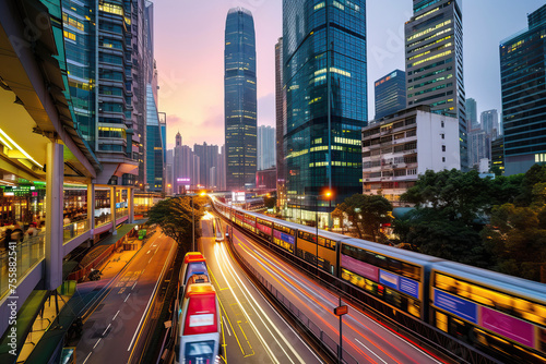 Modern metropolis, skyscrapers, highways against the background of sunset. The City of the Future. Smart cars with automatic sensor driving on metropolis with wireless connection