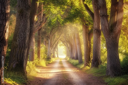 Quiet country road lined with tall, mature trees with sunlight filtering through.