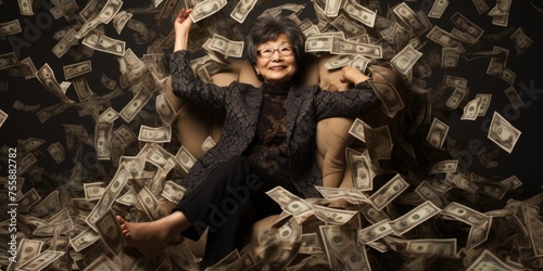 Billionaire on Huge Pile of Banknotes Rich and Prosperity Comeliness