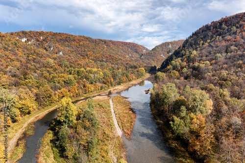 The Southern Urals, the Zilim River in a mountain gorge. Aerial view. photo